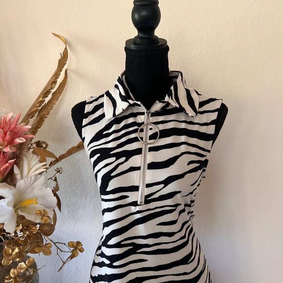Y2k Chic Zebra Print O-Ring Quarter Zip Collared Midi Maxi Sleeveless Dress S - Picture 2 of 7